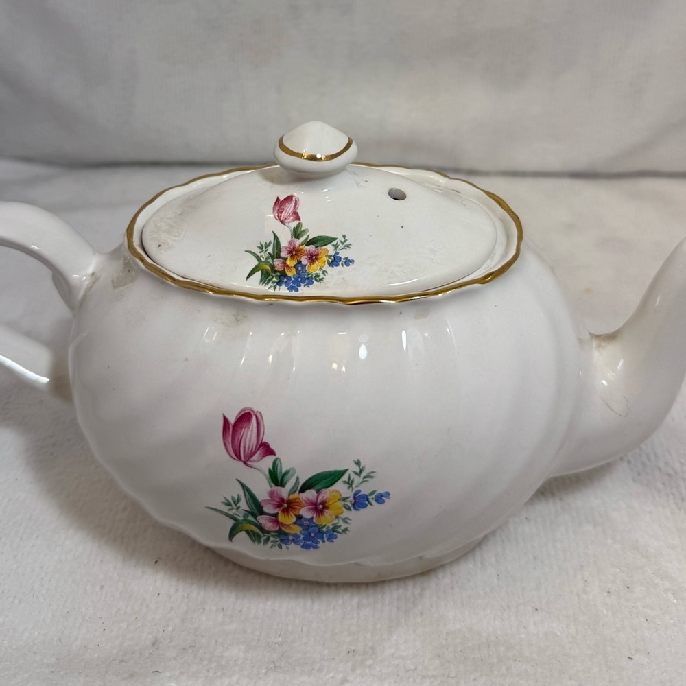Arthur Wood and Sons Floral White Teapot with Gold Trim
